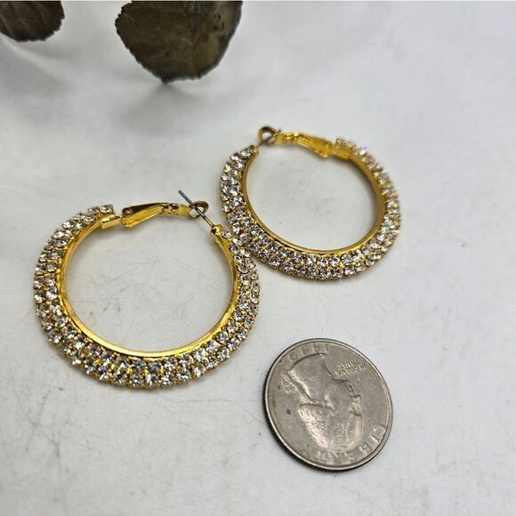 "5/$25" Gold Tone Pave Rhinestone Bling Hoop Earrings - Picture 2 of 7